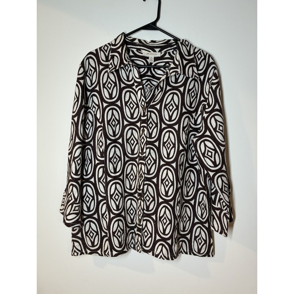 JM Collection 100% linen brown and cream geometric V-neck button-up top Size 18